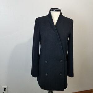 Theory Wool Coat Womens Medium Black Peacoat Textured Double Breasted Collarless